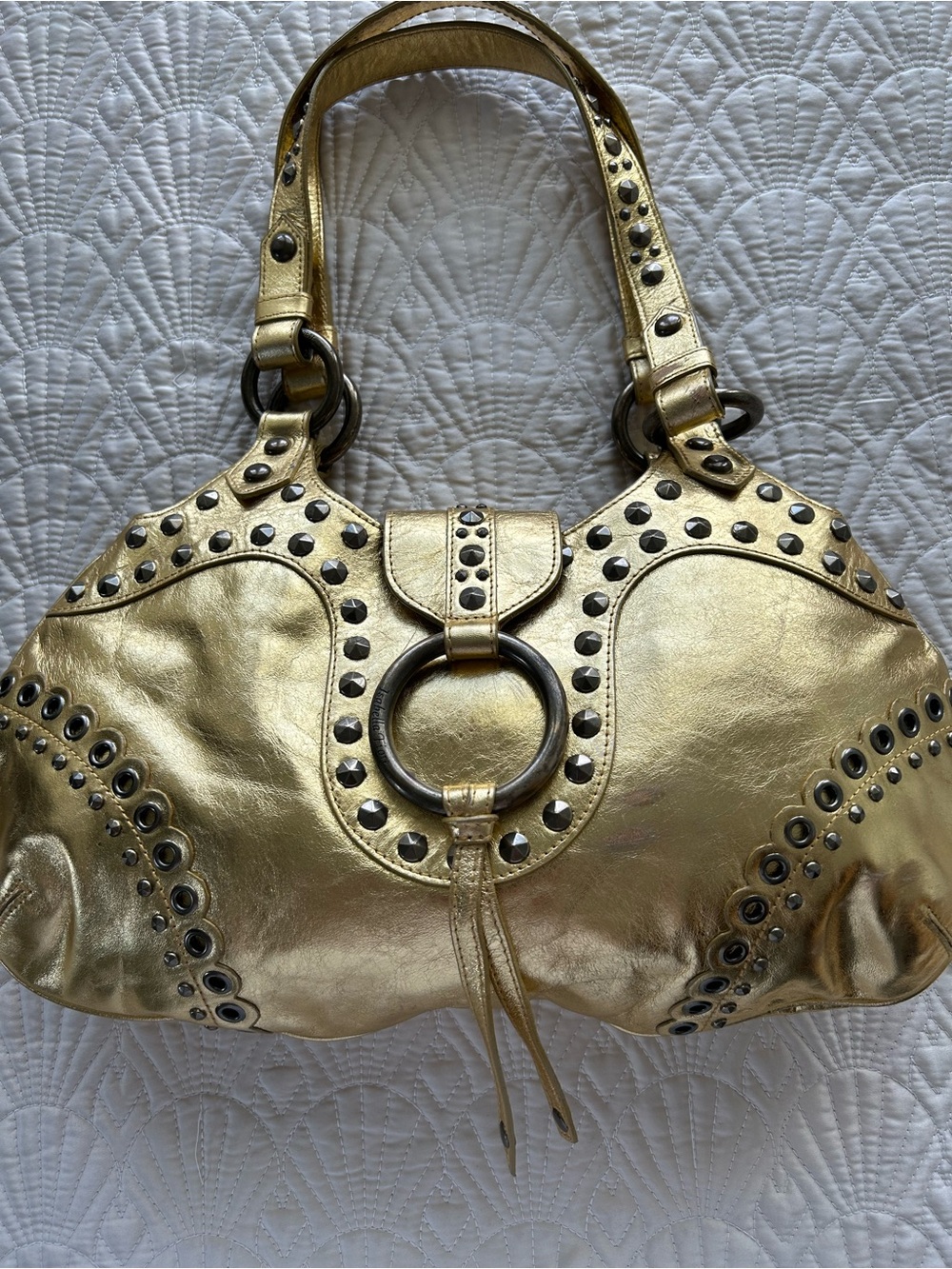 ISABELLA FIORE Gold leather Studded Shoulder Bag with Ring Accent